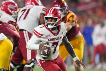 Sep 12, 2026; Los Angeles, California, USA; Louisiana Ragin' Cajuns quarterback Lunch Winfield (7) throws the ball against the Southern California Trojans in the second half at United Airlines Field at Los Angeles Memorial Coliseum. Mandatory Credit: Kirby Lee-Imagn Images