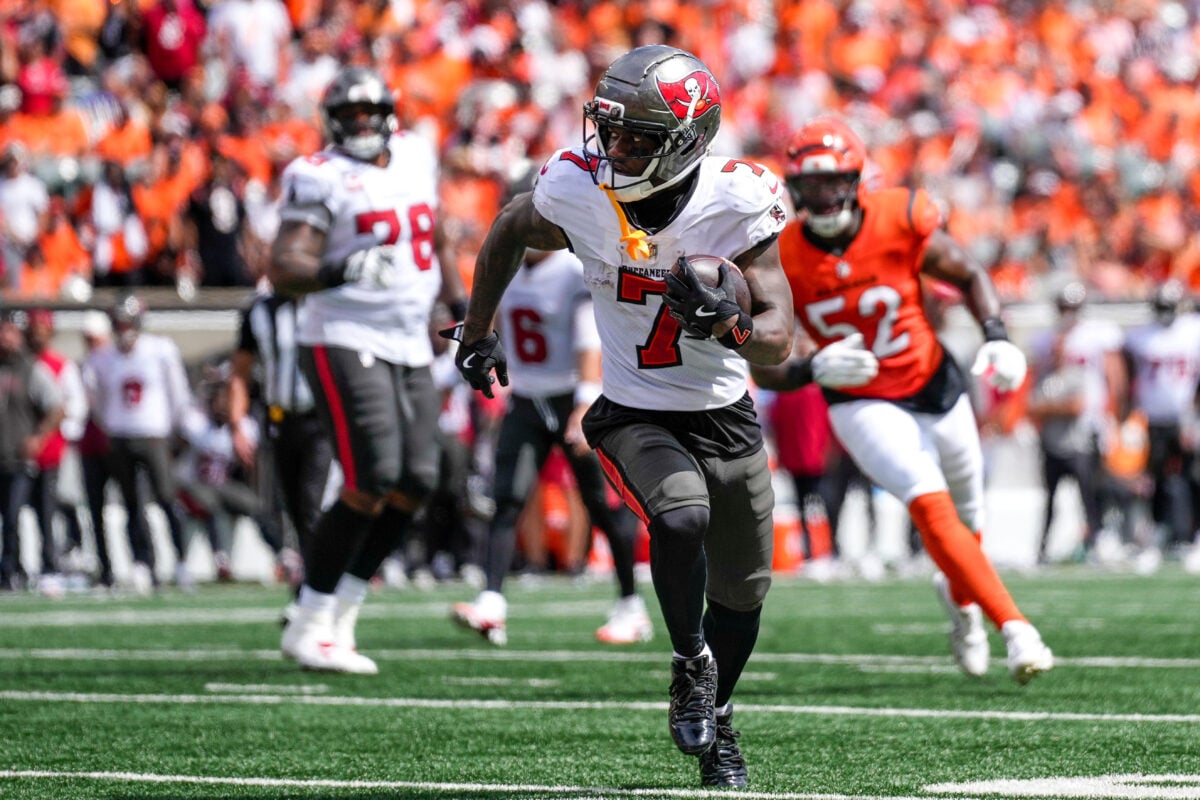 Tampa Bay Buccaneers running back Bucky Irving (7) breaks away on a run for a touchdown in the second quarter of the NFL Week 1 game between the Cincinnati Bengals and the Tampa Bay Buccaneers at Paycor Stadium in Cincinnati on Sunday, Sept. 13, 2026.