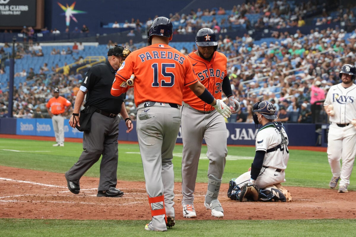 Sep 13, 2026; St. Petersburg, Florida, USA; Houston Astros left fielder Nelson Velazquez (30) is congratulated after he hit a home run during the eighth inning against the Tampa Bay Rays at Tropicana Field. Mandatory Credit: Kim Klement Neitzel-Imagn Images