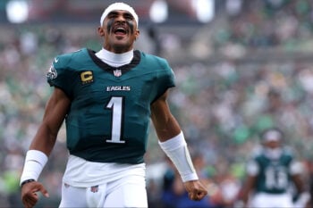 Sep 13, 2026; Philadelphia, Pennsylvania, USA;  Philadelphia Eagles quarterback Jalen Hurts (1) reacts prior to the game against the Washington Commanders at Lincoln Financial Field.  Mandatory Credit: Bill Streicher-Imagn Images