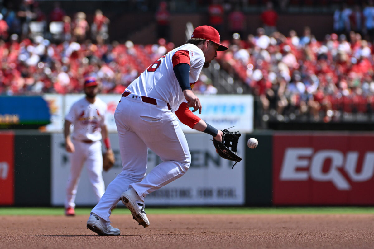 Sep 13, 2026; St. Louis, Missouri, USA;  St. Louis Cardinals third baseman Nolan Gorman (16) fields a ground ball against the Chicago White Sox during the first inning at Busch Stadium.  Mandatory Credit: Jeff Le-Imagn Images