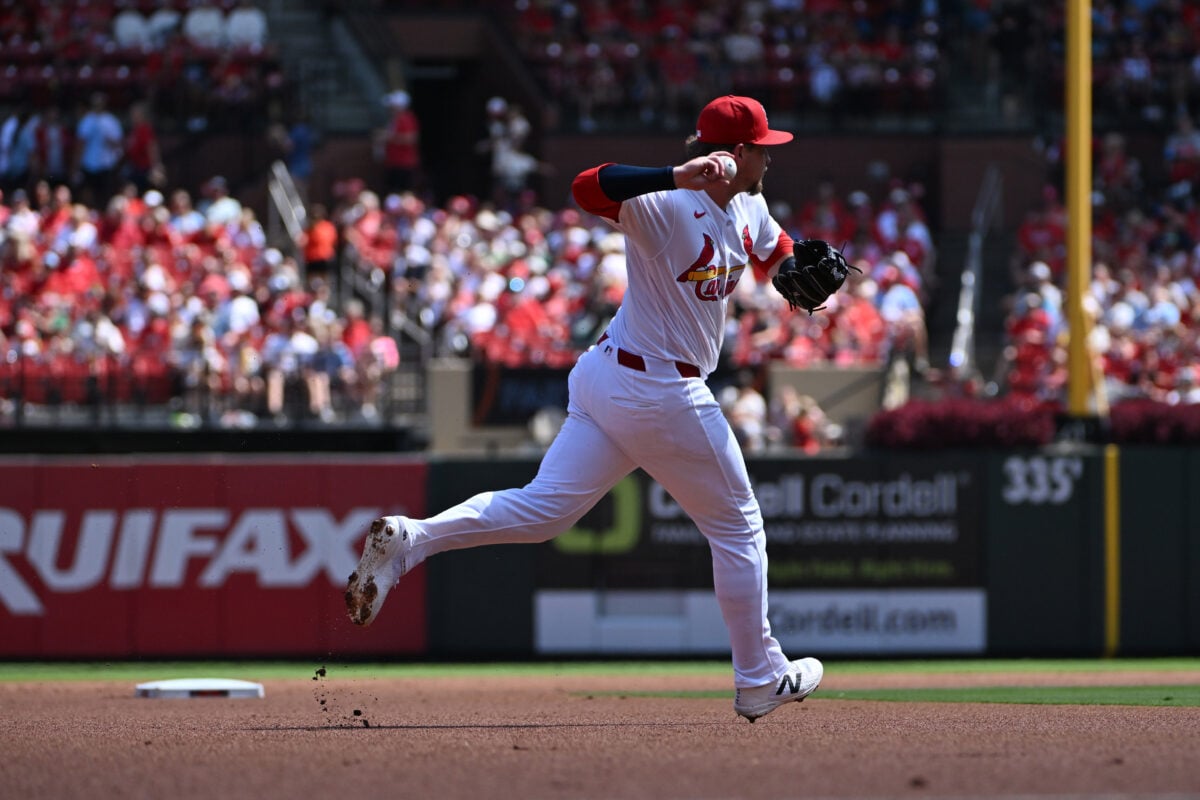 Sep 13, 2026; St. Louis, Missouri, USA; St. Louis Cardinals third baseman Nolan Gorman (16) throws to first for an out against the Chicago White Sox during the first inning at Busch Stadium. Mandatory Credit: Jeff Le-Imagn Images