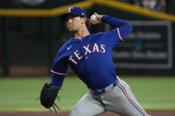 Sep 13, 2026; Phoenix, Arizona, USA;  Texas Rangers pitcher Jacob Latz (67) throws against the Arizona Diamondbacks in the ninth inning at Chase Field.  Mandatory Credit: Rick Scuteri-Imagn Images