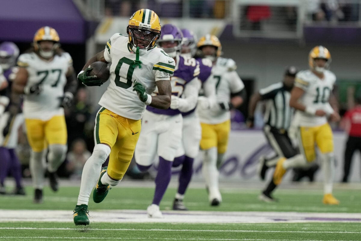 Green Bay Packers wide receiver Matthew Golden (0) makes a 42-yard reception during the fourth quarter of their game Sunday, Sept. 13, 2026 at U.S. Bank Stadium in Minneapolis, Minnesota. The Minnesota Vikings beat the Green Bay Packers 39-22.
