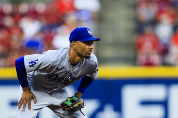 Sep 14, 2026; Cincinnati, Ohio, USA; Los Angeles Dodgers shortstop Mookie Betts (50) prepares for the pitch in the fourth inning against the Cincinnati Reds at Great American Ball Park. Mandatory Credit: Katie Stratman-Imagn Images