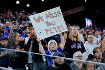 Sep 14, 2026; New York City, New York, USA; A young fan holds up a sign as Baltimore Orioles first baseman Pete Alonso (not pictured) bats against the New York Mets during the fifth inning at Citi Field. Mandatory Credit: Brad Penner-Imagn Images