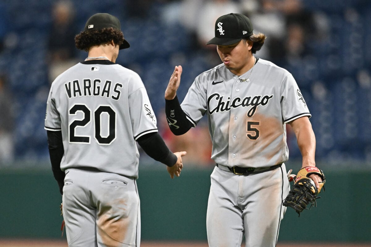 Sep 14, 2026; Cleveland, Ohio, USA; Chicago White Sox third baseman Miguel Vargas (20) celebrates with first baseman Munetaka Murakami (5) after the White Sox beat the Cleveland Guardians at Progressive Field. Mandatory Credit: Ken Blaze-Imagn Images