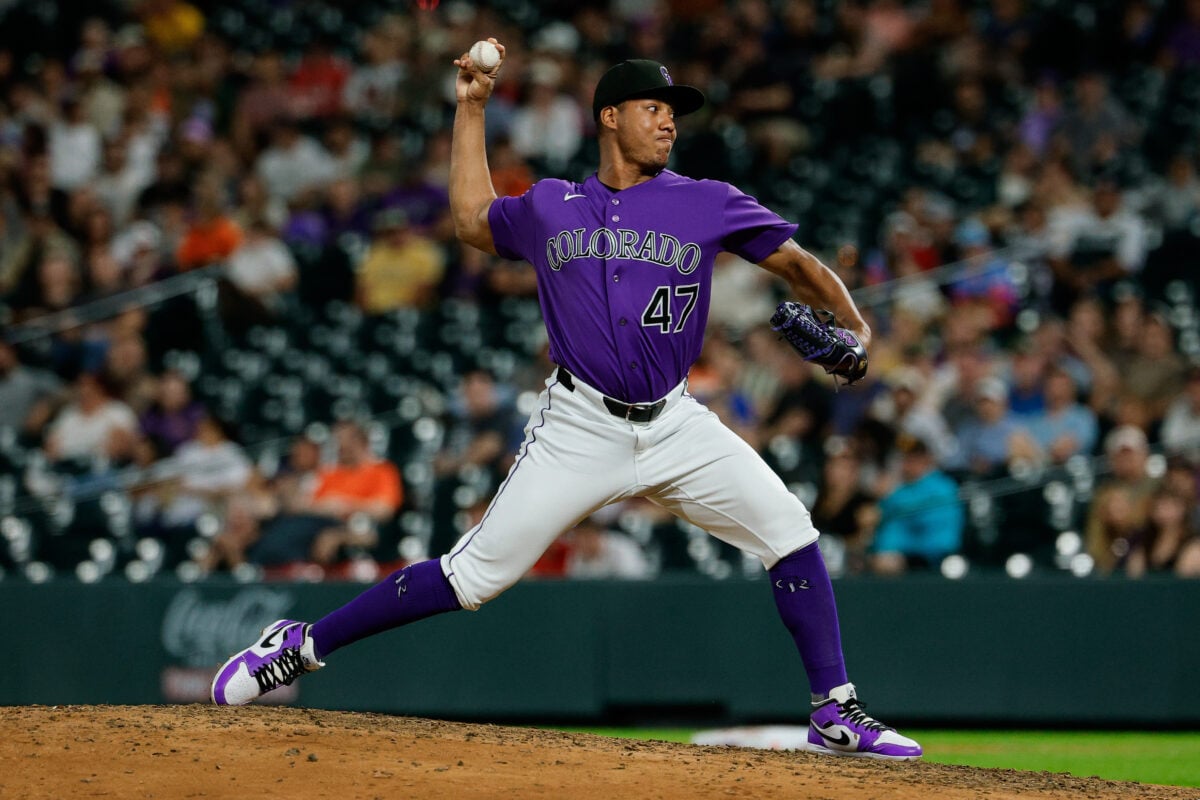 Sep 14, 2026; Denver, Colorado, USA; Colorado Rockies relief pitcher Juan Mejia (47) pitches in the seventh inning against the San Diego Padres at Coors Field. Mandatory Credit: Isaiah J. Downing-Imagn Images