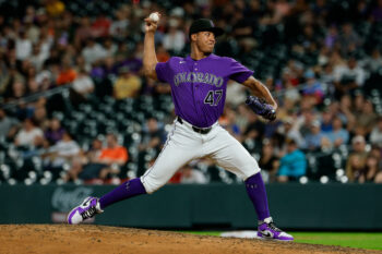 Sep 14, 2026; Denver, Colorado, USA; Colorado Rockies relief pitcher Juan Mejia (47) pitches in the seventh inning against the San Diego Padres at Coors Field. Mandatory Credit: Isaiah J. Downing-Imagn Images