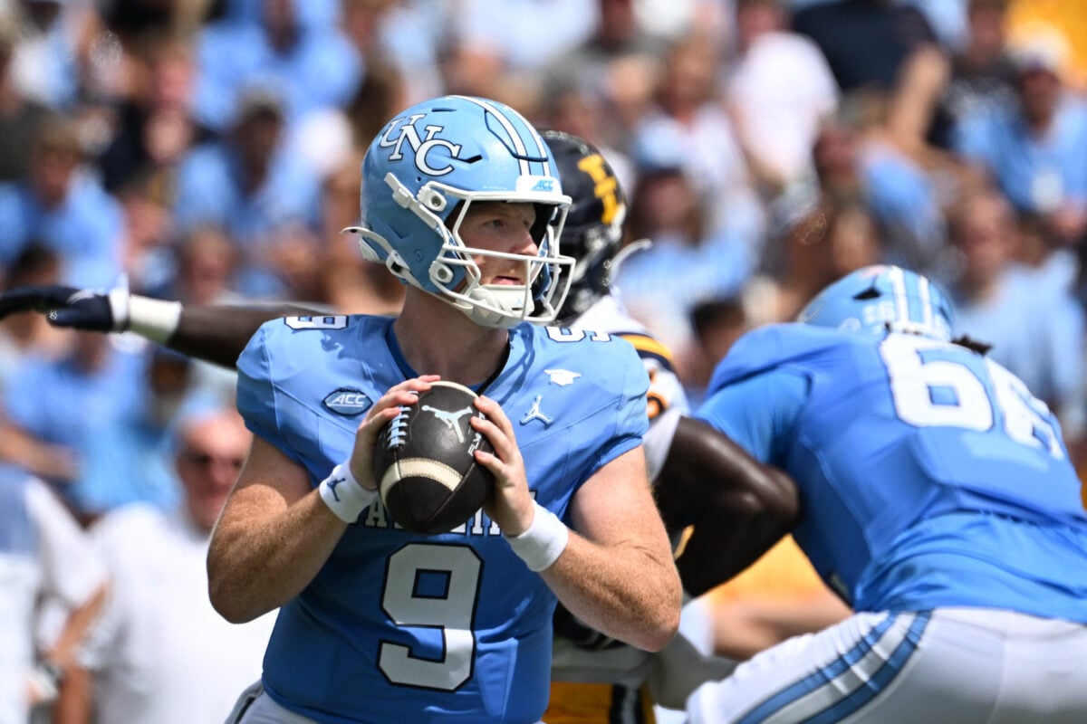 Sep 12, 2026; Chapel Hill, North Carolina, USA; North Carolina Tar Heels quarterback Billy Edwards Jr. (9) looks to pass in the first quarter at Kenan Stadium. Mandatory Credit: Bob Donnan-Imagn Images