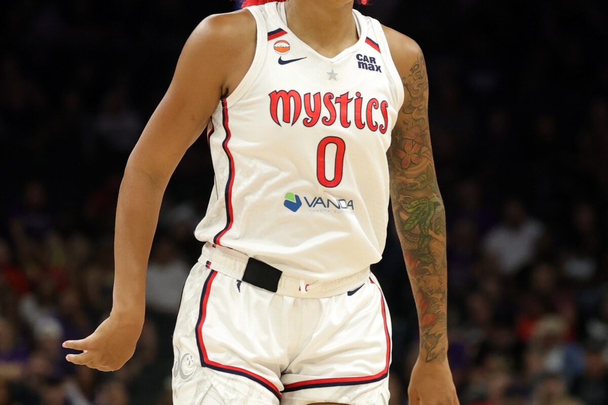 Aug 27, 2026; Phoenix, Arizona, USA; Washington Mystics center Shakira Austin (0) against the Phoenix Mercury at Mortgage Matchup Center. Mandatory Credit: Mark J. Rebilas-Imagn Images
