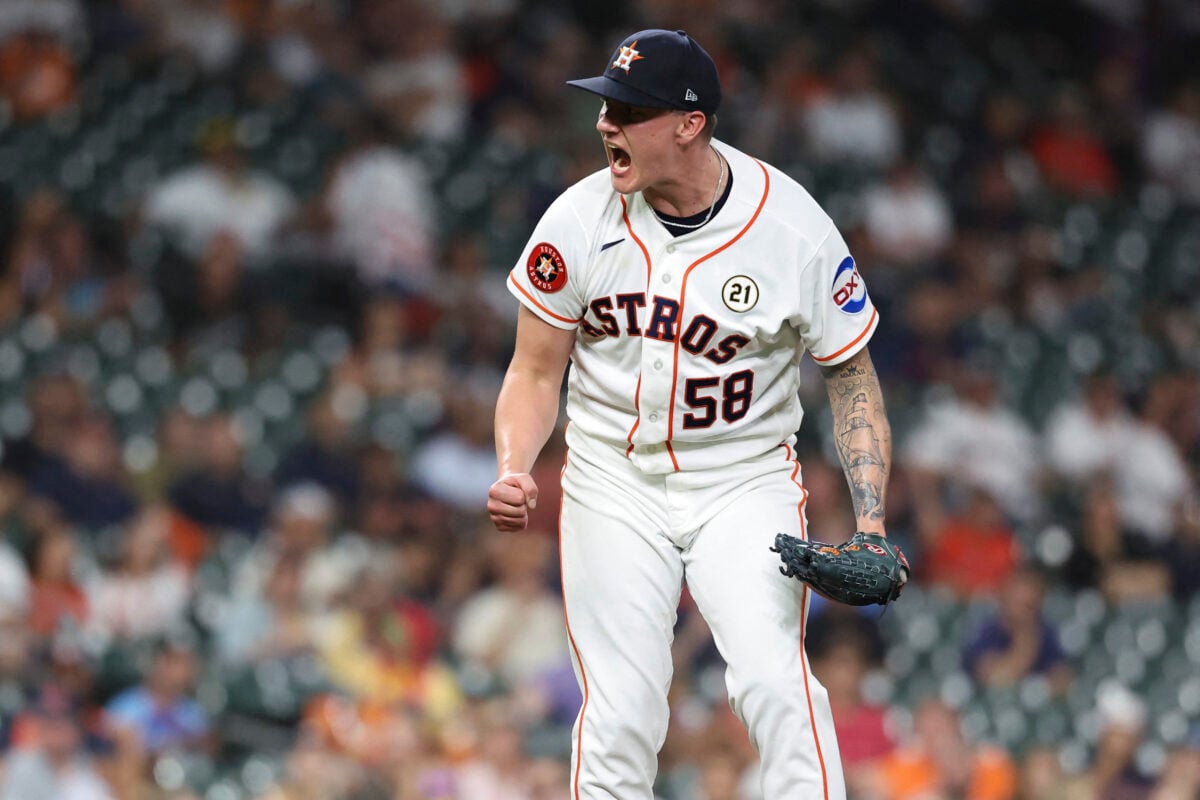 Sep 15, 2026; Houston, Texas, USA; Houston Astros starting pitcher Hunter Brown (58) shouts after getting a strikeout during the fourth inning against the Kansas City Royals at Daikin Park. Mandatory Credit: Troy Taormina-Imagn Images