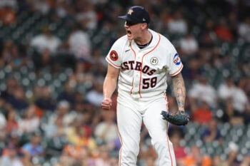 Sep 15, 2026; Houston, Texas, USA; Houston Astros starting pitcher Hunter Brown (58) shouts after getting a strikeout during the fourth inning against the Kansas City Royals at Daikin Park. Mandatory Credit: Troy Taormina-Imagn Images