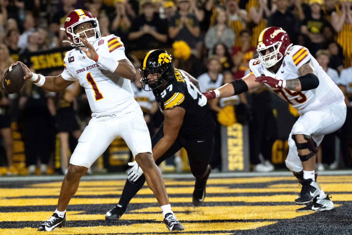 Iowa Hawkeyes defensive lineman Iose Epenesa (97) pressures Iowa State quarterback Jaylen Raynor (1) during the Cy-Hawk football game Sept. 12, 2026 at Kinnick Stadium in Iowa City, Iowa.