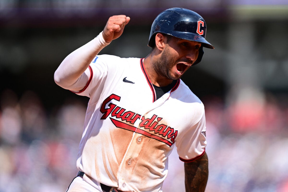Sep 16, 2026; Cleveland, Ohio, USA; Cleveland Guardians shortstop Brayan Rocchio (4) runs home to score a run on an RBI double by third baseman Jose Ramirez (11) during the sixth inning against the Chicago White Sox at Progressive Field. Mandatory Credit: David Dermer-Imagn Images