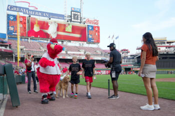 Fans walk the warning track with their dogs during the Bark in the Park event ahead of a baseball game between the Cincinnati Reds and Los Angeles Dodgers, Wednesday, Sept. 16, 2026, at Great American Ball Park in downtown Cincinnati.