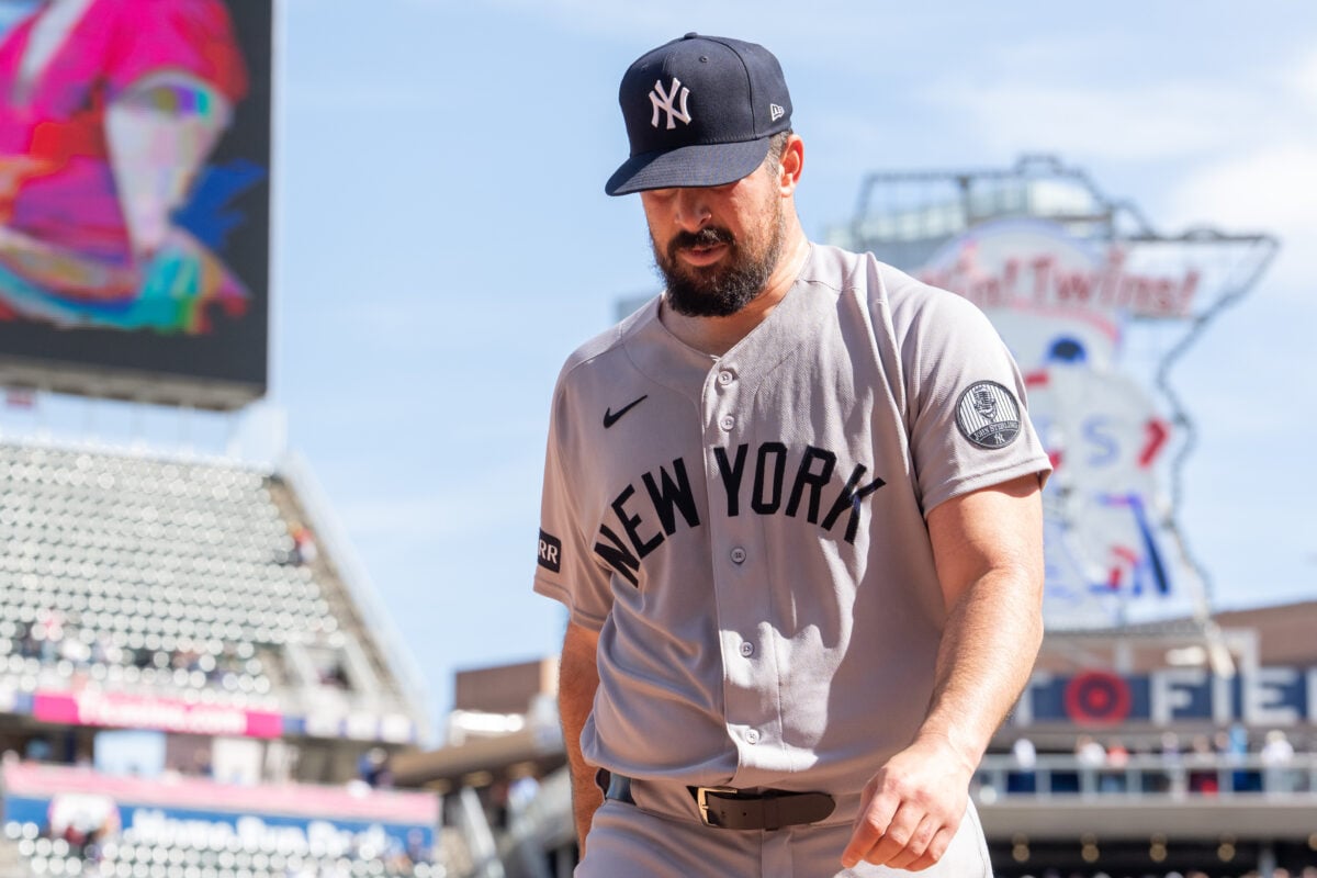 Sep 16, 2026; Minneapolis, Minnesota, USA; New York Yankees starting pitcher Carlos Rodon (55) exits the field after the final out against the Minnesota Twins in the third inning at Target Field. Mandatory Credit: Matt Blewett-Imagn Images