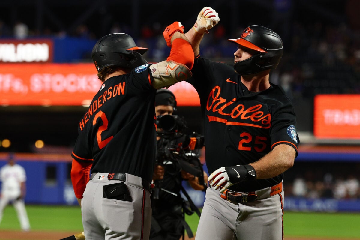 Sep 16, 2026; New York City, New York, USA; Baltimore Orioles first base Pete Alonso (25) celebrates with shortstop Gunnar Henderson (2) after hitting a solo home run during the first inning against the New York Mets at Citi Field. Mandatory Credit: Vincent Carchietta-Imagn Images