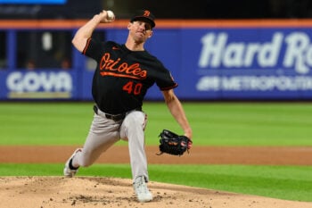 Sep 16, 2026; New York City, New York, USA;  Baltimore Orioles pitcher Chris Bassitt (40) pitches against the New York Mets during the first inning at Citi Field.  Mandatory Credit: Vincent Carchietta-Imagn Images