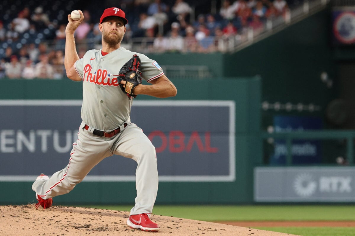 Sep 16, 2026; Washington, District of Columbia, USA; Philadelphia Phillies starting pitcher Zack Wheeler (45) pitches against the Washington Nationals during the first inning at Nationals Park. Mandatory Credit: Geoff Burke-Imagn Images
