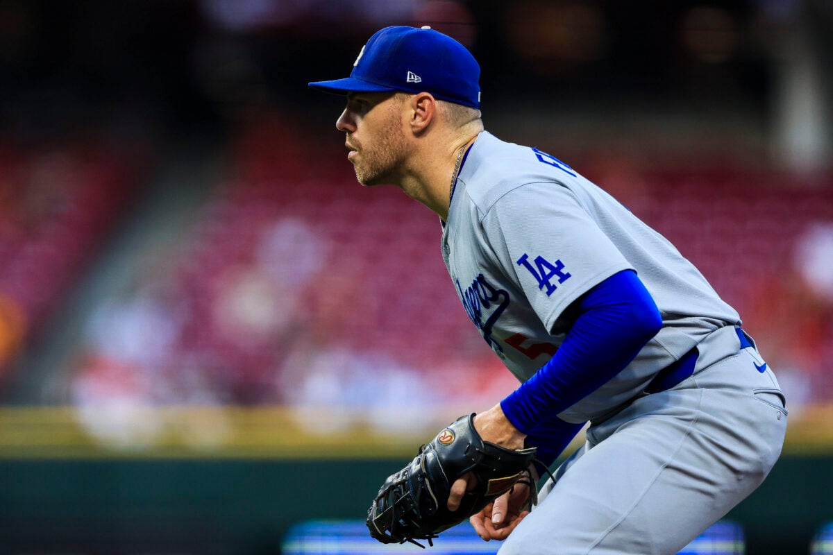 Sep 16, 2026; Cincinnati, Ohio, USA; Los Angeles Dodgers first baseman Freddie Freeman (5) prepares for the pitch in the second inning against the Cincinnati Reds at Great American Ball Park. Mandatory Credit: Katie Stratman-Imagn Images
