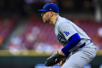 Sep 16, 2026; Cincinnati, Ohio, USA; Los Angeles Dodgers first baseman Freddie Freeman (5) prepares for the pitch in the second inning against the Cincinnati Reds at Great American Ball Park. Mandatory Credit: Katie Stratman-Imagn Images