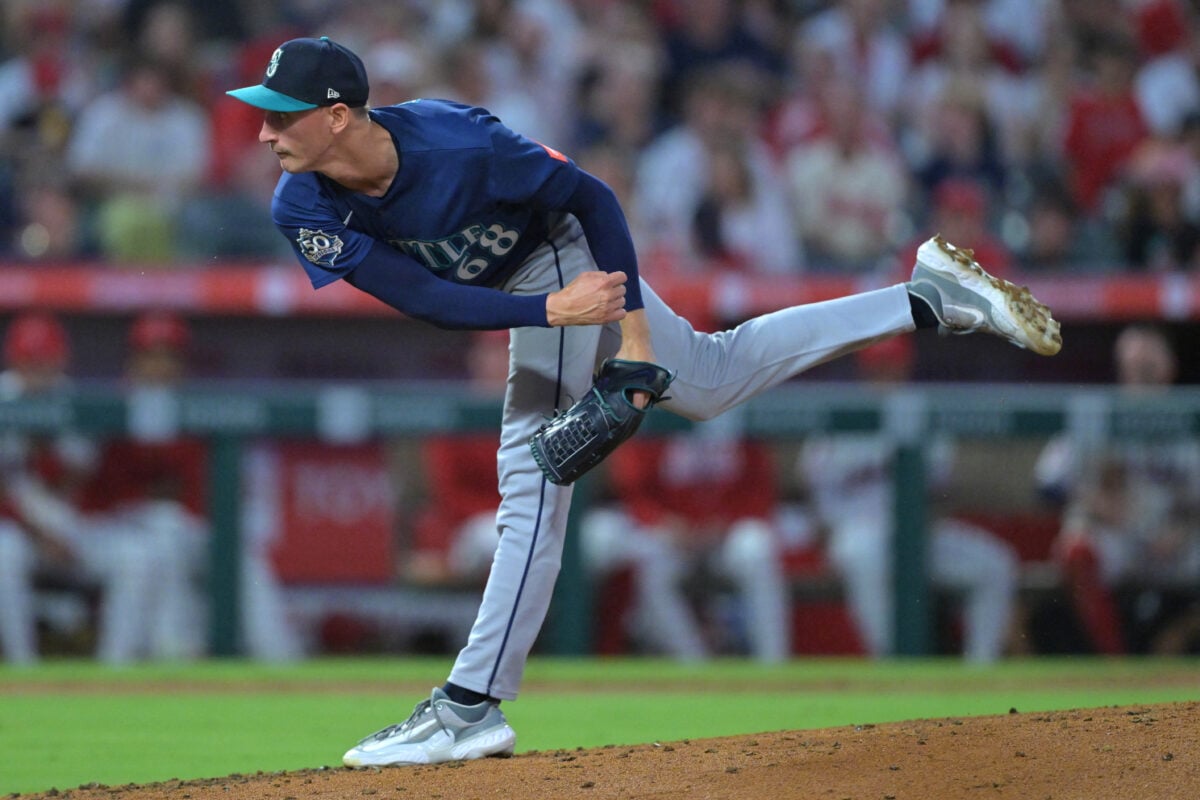 Sep 16, 2026; Anaheim, California, USA; Seattle Mariners starting pitcher George Kirby (68) delivers to the plate during the second inning against the Los Angeles Angels at Angel Stadium. Mandatory Credit: Jayne Kamin-Oncea-Imagn Images
