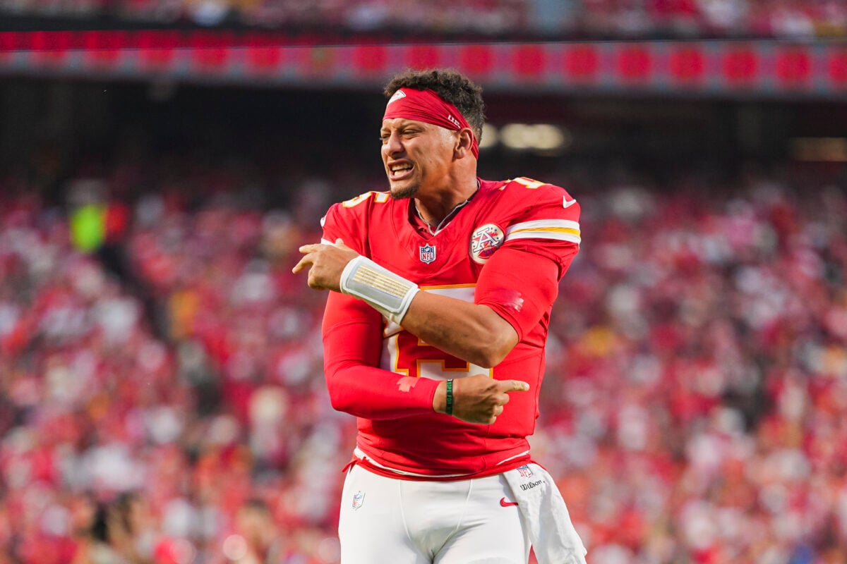 Sep 14, 2026; Kansas City, Missouri, USA; Kansas City Chiefs quarterback Patrick Mahomes (15) warms up prior to a game against the Denver Broncos at Arrowhead Stadium. Mandatory Credit: Jay Biggerstaff-Imagn Images