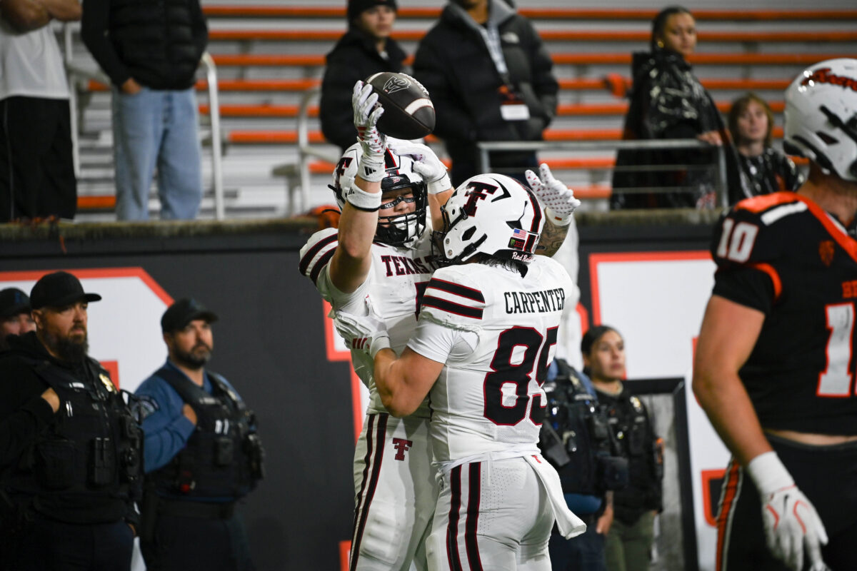 Sep 12, 2026; Corvallis, Oregon, USA; Texas Tech tight ends Matt Ludwig (5) and Jett Carpenter (85) celebrate a game-securing touchdown by Ludwig during the fourth quarter against Oregon State at Reser Stadium. Mandatory Credit: Kallie Hansel-Tennes-Imagn Images