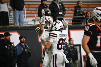 Sep 12, 2026; Corvallis, Oregon, USA; Texas Tech tight ends Matt Ludwig (5) and Jett Carpenter (85) celebrate a game-securing touchdown by Ludwig during the fourth quarter against Oregon State at Reser Stadium. Mandatory Credit: Kallie Hansel-Tennes-Imagn Images