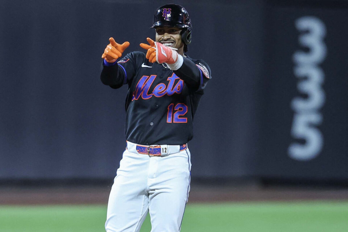 Sep 18, 2026; New York City, New York, USA; New York Mets shortstop Francisco Lindor (12) gestures after hitting a double in the first inning against the Philadelphia Phillies at Citi Field. Mandatory Credit: Wendell Cruz-Imagn Images