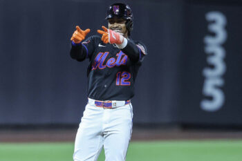 Sep 18, 2026; New York City, New York, USA;  New York Mets shortstop Francisco Lindor (12) gestures after hitting a double in the first inning against the Philadelphia Phillies at Citi Field.  Mandatory Credit: Wendell Cruz-Imagn Images