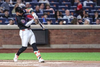 Sep 18, 2026; New York City, New York, USA;  New York Mets third baseman Bo Bichette (19) hits a single in the first inning against the Philadelphia Phillies at Citi Field.  Mandatory Credit: Wendell Cruz-Imagn Images
