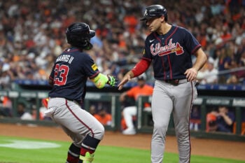 Sep 18, 2026; Houston, Texas, USA; Atlanta Braves center fielder Michael Harris II (23) celebrates with first baseman Matt Olson (28) after hitting a home run during the fourth inning against the Houston Astros at Daikin Park. Mandatory Credit: Troy Taormina-Imagn Images