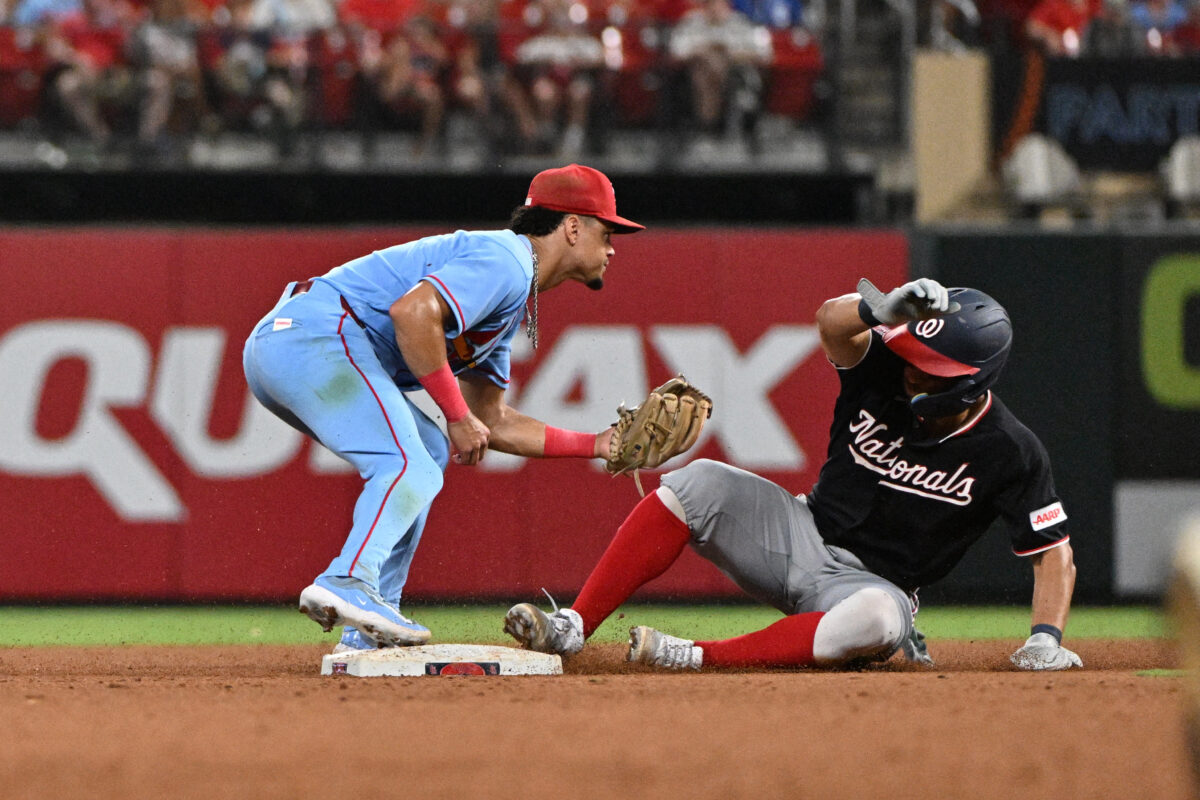 Sep 18, 2026; St. Louis, Missouri, USA; Washington Nationals catcher Harry Ford (17) is forced out at second from St. Louis Cardinals shortstop Masyn Winn (0) during the sixth inning at Busch Stadium. Mandatory Credit: Jeff Le-Imagn Images