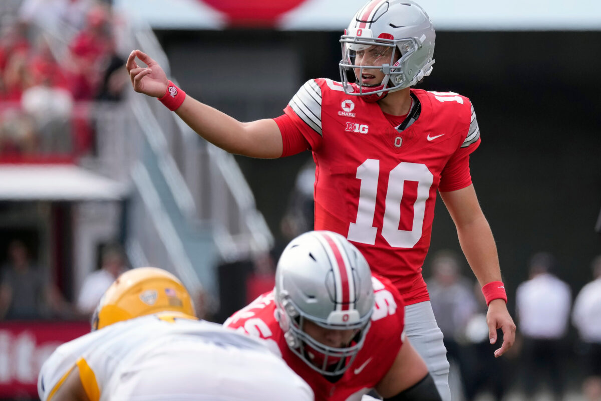 Ohio State Buckeyes quarterback Julian Sayin (10) calls out a play against Kent State Golden Flashes in the first quarter of the NCAA football game at Ohio Stadium on Sept. 19, 2026.