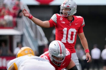 Ohio State Buckeyes quarterback Julian Sayin (10) calls out a play against Kent State Golden Flashes in the first quarter of the NCAA football game at Ohio Stadium on Sept. 19, 2026.