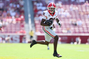 Sep 19, 2026; Fayetteville, Arkansas, USA;  Georgia Bulldogs wide receiver Craig Dandridge (81) runs with the ball against the Arkansas Razorbacks during the second half at Donald W. Reynolds Razorback Stadium.  Mandatory Credit: Nelson Chenault-Imagn Images