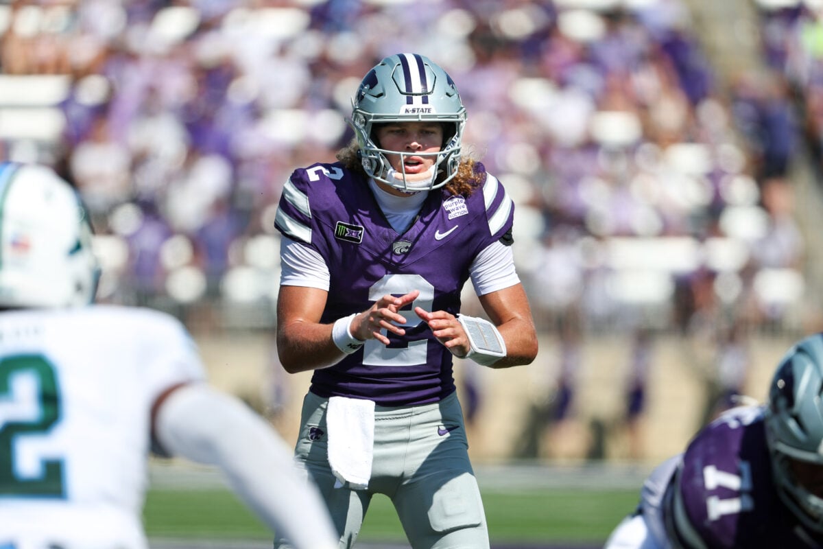 Sep 19, 2026; Manhattan, Kansas, USA; Kansas State Wildcats quarterback Avery Johnson (2) waits for the snap during the second quarter against the Tulane Green Wave at Bill Snyder Family Football Stadium. Mandatory Credit: Scott Sewell-Imagn Images