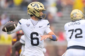 Sep 19, 2026; Minneapolis, Minnesota, USA;  Akron Zips quarterback Brayden Roggow (6) makes a pass against the Minnesota Golden Gophers during the second half at Huntington Bank Stadium.  Mandatory Credit: Nick Wosika-Imagn Images