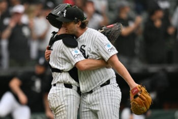 Sep 19, 2026; Chicago, Illinois, USA;  Chicago White Sox pitcher Grant Taylor (31) celebrates with catcher Kyle Teel (8) after defeating the Detroit Tigers at Rate Field.  Mandatory Credit: Patrick Gorski-Imagn Images