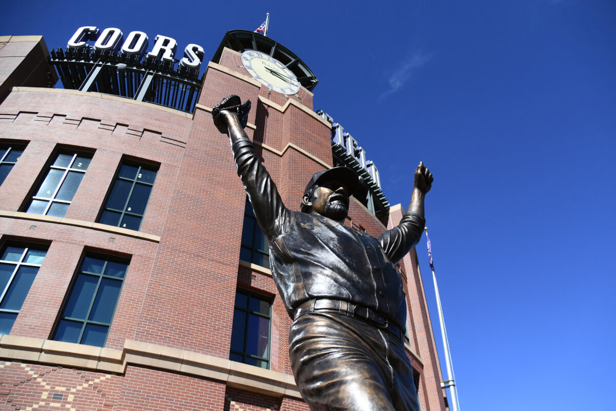 Sep 19, 2026; Denver, Colorado, USA; View of a statue of former Colorado Rockies first baseman Todd Helton (17) outside Coors Field before the game against the Seattle Mariners. Mandatory Credit: Christopher Hanewinckel-Imagn Images