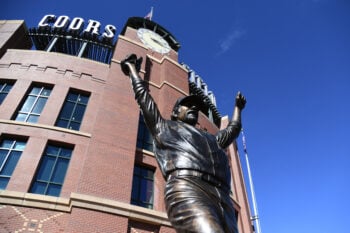 Sep 19, 2026; Denver, Colorado, USA; View of a statue of former Colorado Rockies first baseman Todd Helton (17) outside Coors Field before the game against the Seattle Mariners. Mandatory Credit: Christopher Hanewinckel-Imagn Images