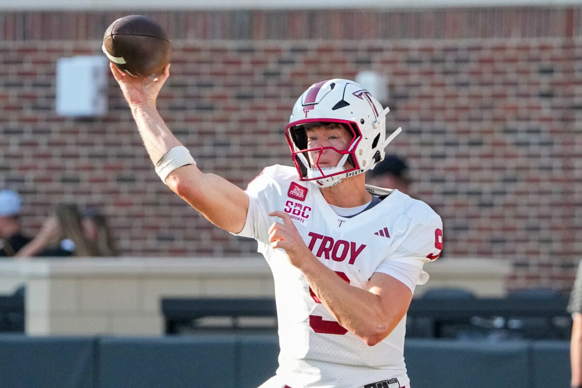 Sep 19, 2026; Columbia, Missouri, USA; Troy Trojans quarterback Goose Crowder (9) warms up against the Missouri Tigers prior to the game at Faurot Field at Memorial Stadium. Mandatory Credit: Denny Medley-Imagn Images
