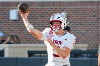 Sep 19, 2026; Columbia, Missouri, USA; Troy Trojans quarterback Goose Crowder (9) warms up against the Missouri Tigers prior to the game at Faurot Field at Memorial Stadium. Mandatory Credit: Denny Medley-Imagn Images