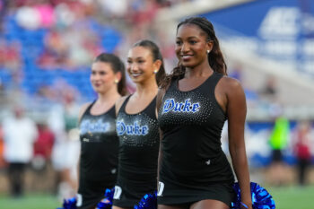 Sep 19, 2026; Durham, North Carolina, USA;  Duke Blue Devils cheer leads look on against the Stanford Cardinal during the second half at Wallace Wade Stadium.  Mandatory Credit: James Guillory-Imagn Images
