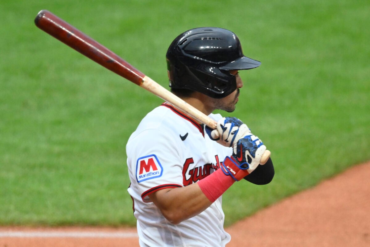 Sep 19, 2026; Cleveland, Ohio, USA;  Cleveland Guardians center fielder Steven Kwan (38) singles in the first inning against the Athletics at Progressive Field.  Mandatory Credit: David Richard-Imagn Images