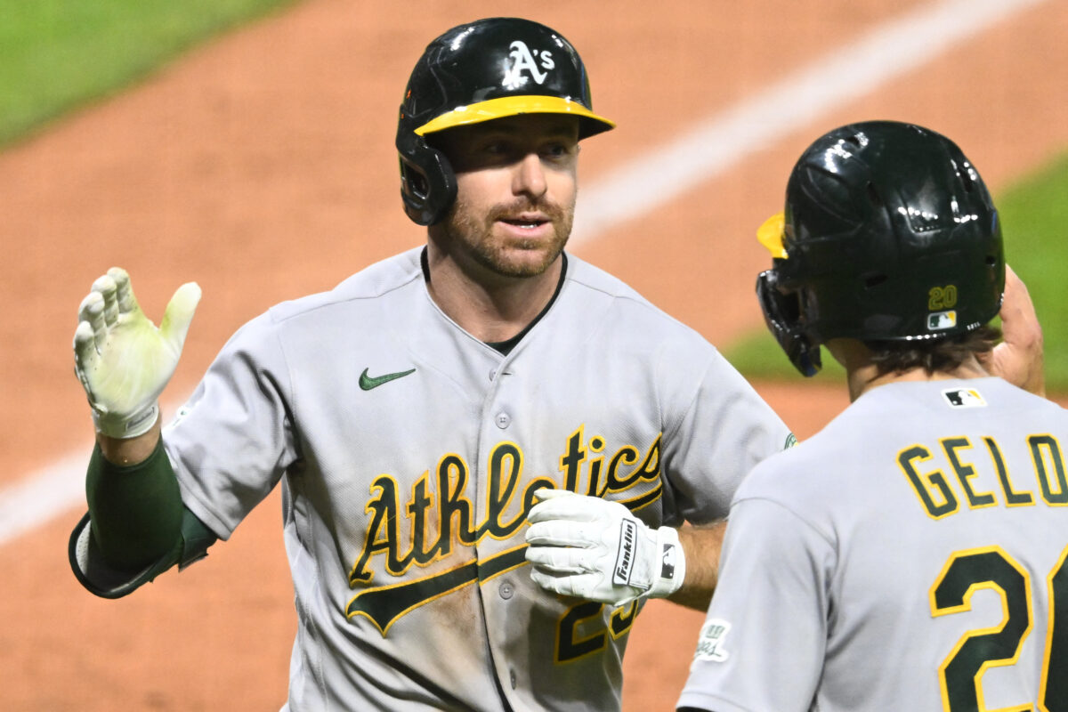 Sep 19, 2026; Cleveland, Ohio, USA; Athletics second baseman Donovan Walton (29) celebrates his two-run home run in the fifth inning against the Cleveland Guardians at Progressive Field. Mandatory Credit: David Richard-Imagn Images