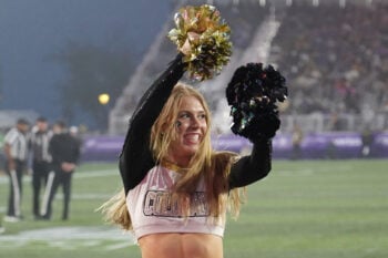 Sep 19, 2026; Evanston, Illinois, USA;  A Colorado Buffalo cheerleader performs during the first half at Northwestern Medicine Field at Martin Stadium.  Mandatory Credit: David Banks-Imagn Images