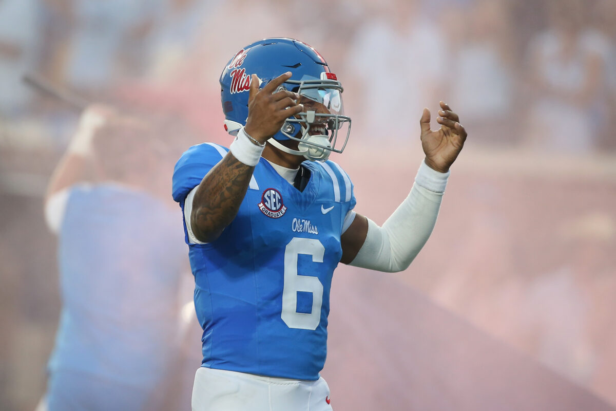 Sep 19, 2026; Oxford, Mississippi, USA;  Mississippi Rebels quarterback Trinidad Chambliss (6) runs onto the field prior to the game against the Louisiana State Tigers at Vaught-Hemingway Stadium.  Mandatory Credit: Petre Thomas-Imagn Images